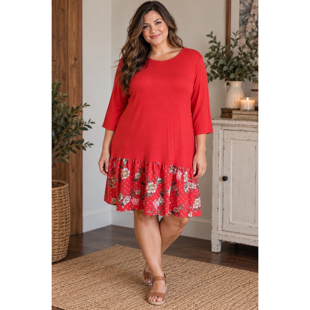 537. Red Floral Polka Dot Drop Waist Tunic Dress 1X Made in USA